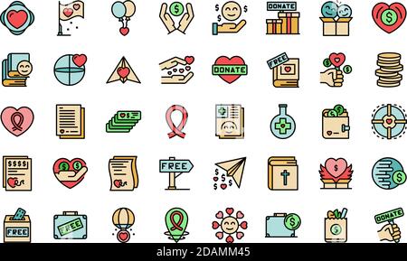 Symbole für wohltätige Spenden. Umriss Satz von karitativen geben Vektor-Symbole dünne Linie Farbe flach auf weiß Stock Vektor