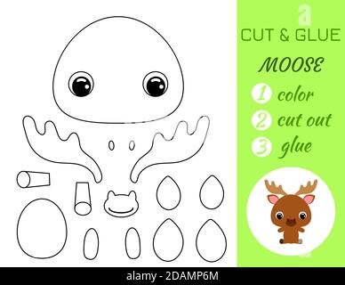 Einfache pädagogische Spiel Färbung Seite geschnitten und kleben sitzende Baby Elch für Kinder. Pädagogische Papier Spiel für Vorschulkinder. Farbe, Schnittteile und gl Stock Vektor