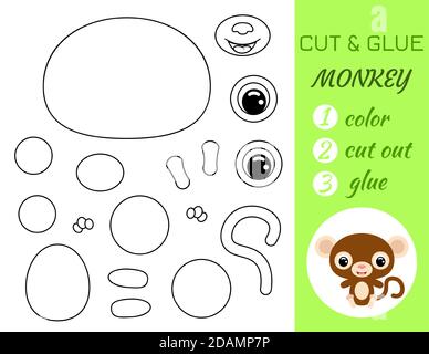 Einfache pädagogische Spiel Färbung Seite geschnitten und kleben sitzende Baby-Affen für Kinder. Pädagogische Papier Spiel für Vorschulkinder. Farbe, Schnittteile und g Stock Vektor