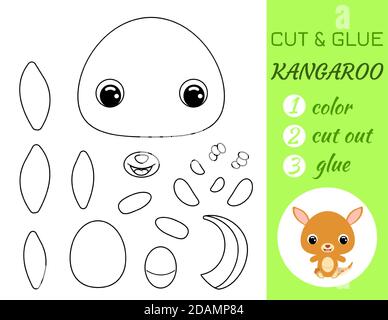 Einfache pädagogische Spiel Färbung Seite geschnitten und Kleber sitzend Baby Känguru für Kinder. Pädagogische Papier Spiel für Vorschulkinder. Farbe, Schnittteile und Stock Vektor