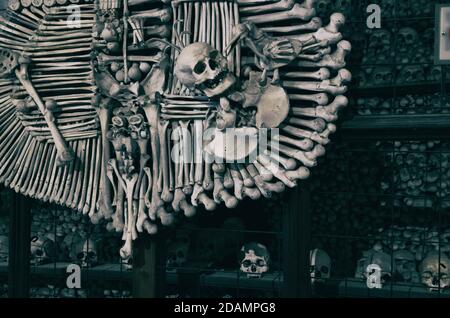 Kutna Hora, Tschechische Republik, 14. Mai 2019: Königliches Wappen aus menschlichen Knochen und Schädeln mit Totenkopfstapel im Hintergrund. Kostnice Kirche in Kutna Hora. Stockfoto