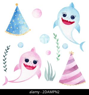 Baby Hai Aquarell Cliparts. Handbemalte lächelnde Haie, Meergrün, Partyhüte und -Tropfen. Bedruckbare Dekorationen für Geburtstag, Babydusche, Krankenschwester Stockfoto