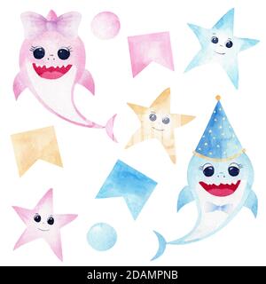 Baby Hai Aquarell Cliparts. Rosa und blau lächelnde Haie, bunte Seesterne und Party Dekorationen isoliert auf weißem Hintergrund. Perfekt für Babys Stockfoto