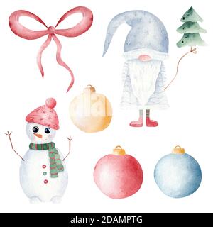 Weihnachtsgnome, Schneemann, Baum und Kugeln Aquarell Cliparts. Handbemalte Illustration. Bedruckbare Weihnachtsdekoration. Grafiken für Einladungen, Schilder, gr Stockfoto