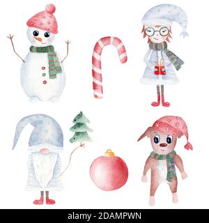 Aquarell Weihnachten Cliparts Set isoliert auf weißem Hintergrund. Handbemalter Schneemann, Gnome, Weihnachten Mädchen und Hund. Roter Kugelbaum und Zuckerrohr. Druckbar Stockfoto