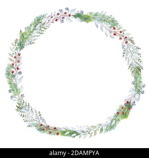 Handbemalter Aquarellkranz mit Grün und roten Beeren. Weihnachten Cliparts. Design für Einladungen, Karten, Schilder, diy. Stockfoto