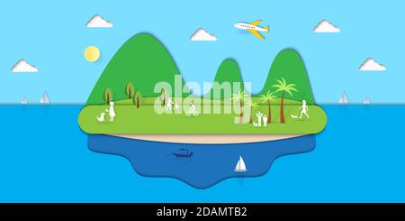 Meer Insel Hintergrund.Sommer Reise Landschaft.Papier Kunst Design.Vektor Illustration.EPS10 Stock Vektor