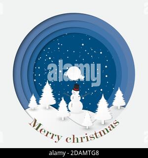 Frohe Weihnachten und ein glückliches neues Jahr.Weihnachtsmann und Schneemann in Forest.White Silhouette Papier Kunst Design auf blauen Himmel Hintergrund.Vektor-Illustration.Eps1 Stock Vektor