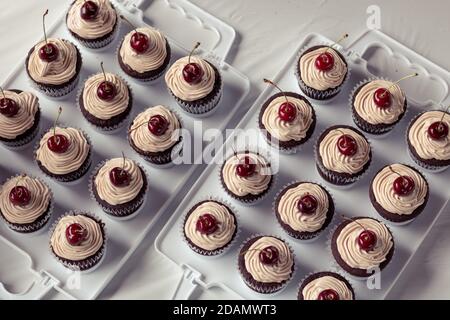 Draufsicht auf die frisch gebackenen leckeren cremigen Cupcakes mit Kirschen auf Tabletts Stockfoto