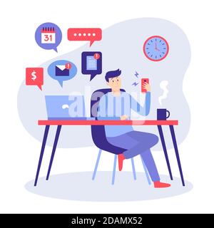 Mann, der sein Telefon benutzt, anstatt Vektorgrafik zu arbeiten Stock Vektor