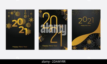 Konzept des Happy New Year Posters Set. Designvorlagen auf dunklem Hintergrund mit schwarzen und goldenen Schneeflocken für Feier und Saisondekoration. Stock Vektor