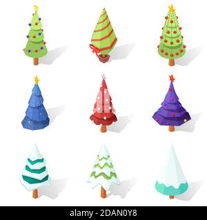 Set von isolierten niedrigen Poly Weihnachtsbäume auf einem weißen Hintergrund. Stock Vektor