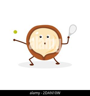 Lustige Zeichentrickfigur aus der Macadamia-Nuss, die Tennis spielt. Stock Vektor