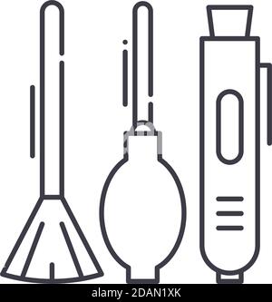 Kamera Reinigungsset Symbol, lineare isolierte Illustration, dünne Linie Vektor, Web-Design-Zeichen, Umriss Konzept Symbol mit editierbaren Strich auf weiß Stock Vektor