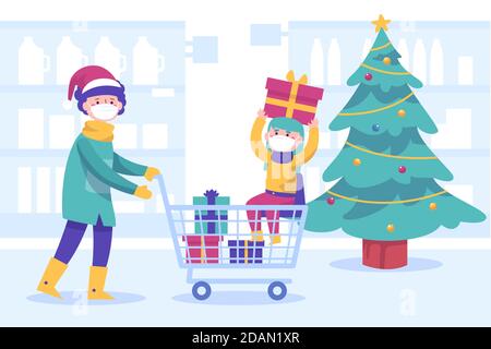Weihnachten Shopping-Szene tragen Masken Illustration Vektor Stock Vektor