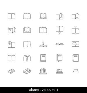 Bücher Icons Set. Lineare Stil Symbole Sammlung, Umriss Zeichen Pack. vektorgrafiken. Set enthält Symbole als offene Buchseite mit Lesezeichen, Lehrbuch, n Stock Vektor