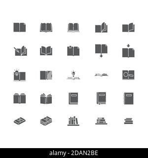 Bücher Icons Set. Lineare Stil Symbole Sammlung, Umriss Zeichen Pack. vektorgrafiken. Set enthält Symbole als offene Buchseite mit Lesezeichen, Lehrbuch, n Stock Vektor