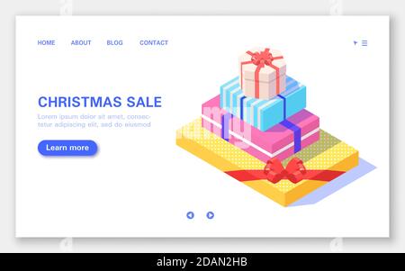 Weihnachtsangebot Banner. Set von Geschenkboxen auf weißem Hintergrund. Stock Vektor