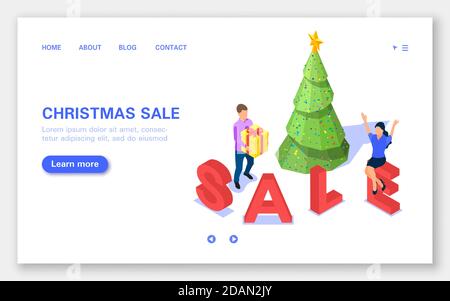 Weihnachtsangebot Banner. Weihnachtsbaum, fröhliche Menschen auf weißem Hintergrund. Stock Vektor