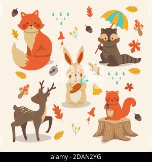 Handgezeichnete Herbst Wald Tiere Kollektion Vektor Illustration Stock Vektor