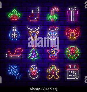 Weihnachten Set von Neon-Ikonen. Neon leuchtende Symbole für Neujahr und Weihnachten Projekte, Grußkarten, Banner, Flyer. Stock Vektor