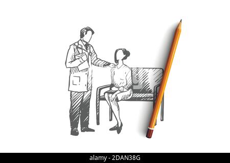 Diagnose, Arzt, Patient, Onkologie, Klinikkonzept. Von Hand gezeichneter isolierter Vektor. Stock Vektor