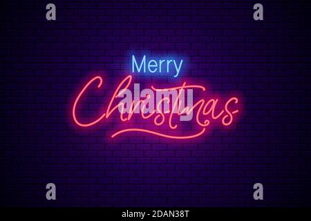Weihnachten Neon Grußschild auf dunklem Backstein Hintergrund. Stock Vektor