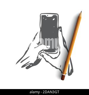 Smartphone, Hand, Eingabe, Bildschirm, Gadget-Konzept. Von Hand gezeichneter isolierter Vektor. Stock Vektor