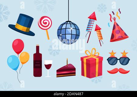 Neujahr Party Objekte und Lebensmittel Illustration Vektor Stock Vektor