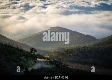 Straße in den Bergen über den Wolken Stockfoto