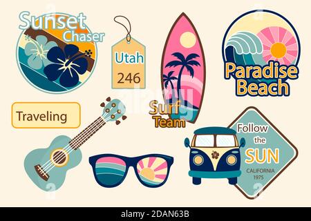 Reise Aufkleber Set im 70er Jahre Stil Vektor Illustration Stock Vektor