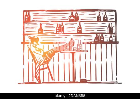 Wild, West, Cowboy, Bar, Relax, Western-Konzept. Von Hand gezeichneter isolierter Vektor. Stock Vektor