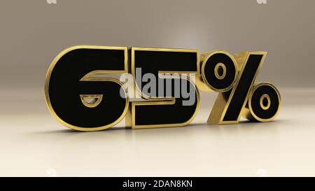 65 Prozent 3d-Gold und Schwarz Luxus-Text isoliert auf weiß, 3D-Rendering-Illustration Stockfoto