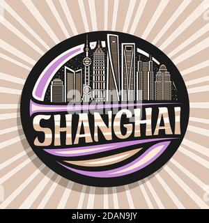 Vektor-Logo für Shanghai, schwarz dekorative Dichtung mit Umriss Illustration der städtischen shanghai Stadtlandschaft auf Dämmerung Himmel Hintergrund, Kunst Design Tourist frid Stock Vektor