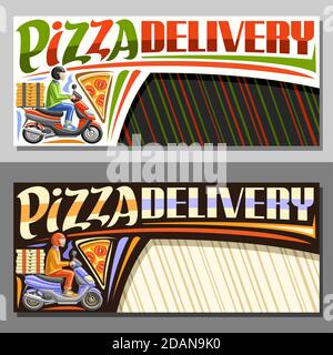 Vektor-Layouts für Pizza Lieferung mit Kopierer Platz, Illustration von Reiten Junge in Helm auf Motorrad und Pizza Scheibe, dekorative Schild für Pizze Stock Vektor