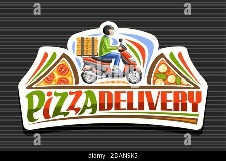 Vektor-Logo für Pizza Delivery, weißer Aufkleber mit Illustration des Jungen im Helm auf rotem Motorrad mit Pizzakartons, dekoratives Schild für Pizzeria Stock Vektor