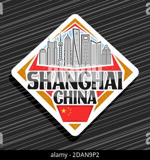 Vektor-Logo für Shanghai, weiße Rhombus-Straßenschild mit Illustration von shanghai Stadtbild auf Tag Himmel Hintergrund, Kunst Design Tourist Kühlschrank Magnet wit Stock Vektor