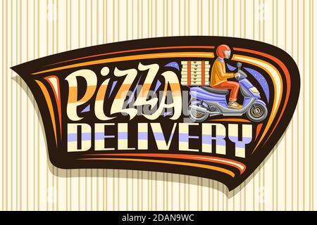 Vektor-Logo für Pizza Delivery, dunkles Abzeichen mit Cartoon Kurier in Helm auf blauem Motorrad mit Pizzaboxen, dekoratives Design Schild für Pizzer Stock Vektor