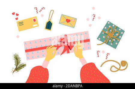 Trending Weihnachtskarte. Horizontales Grußansage-Banner. Hände halten oder öffnen ein Geschenk. Stock Vektor