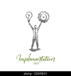 Umsetzung, Mensch, Idee, Geschäft, Zahnrad-Konzept. Von Hand gezeichneter isolierter Vektor. Stock Vektor