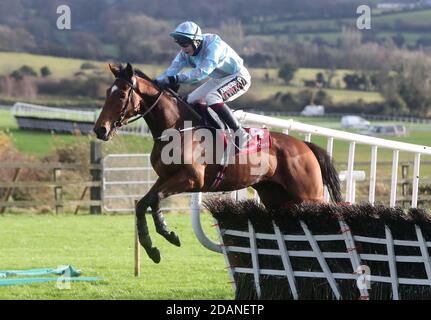 James Joseph Slevin an Bord von Druids Altar auf dem Weg zum Gewinn der Osprey Hotel 3-Y-O Hürde während des Punchestown Winter Festival 2020 auf der Punchestown Racecourse, County Kildare, Irland. Stockfoto