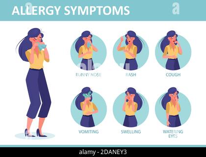 Infografik zu Allergiesymptomen. Vektor einer Frau mit Allergiesymptomen Stock Vektor