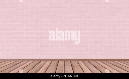 Leeres Zimmer mit rosafarbenen Ziegelwänden und Holzboden. Natur Perspektive Holzboden Textur. Stockfoto