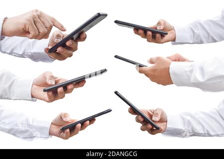 Sammlung von Mann Hand mit mobilen Smartphone isoliert auf weißem Hintergrund mit Clipping-Pfad. Seitenansicht Stockfoto