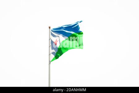 Schöne Nationalflagge von Dschibuti auf weißem Hintergrund. Isolierte Nahaufnahme Djibouti Flagge 3D-Kunstwerk. Stockfoto