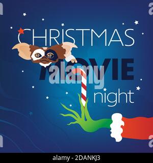 Christmas Movie Night, Gizmo, Gremlins Kopf, Grinch grüne Hand auf blauem Hintergrund. Vektor-Illustration, Website Cover, Flyer, Einladungsvorlage für Stock Vektor