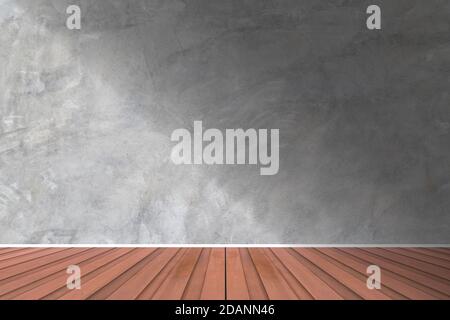 Grauer blank Betonwandmockup, mit Holzboden. Stockfoto