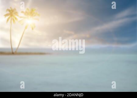 Verwischen Sie den Meereshintergrund. Verschwommener Sommer Hintergrund Bäume Palmen Blätter mit Sonnenlicht. Stockfoto