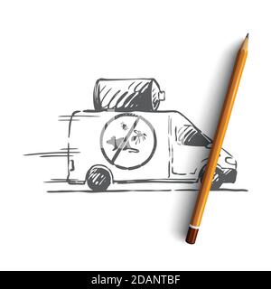 Schädling, Service, Auto, giftig, Insektizid Konzept. Von Hand gezeichneter isolierter Vektor. Stock Vektor