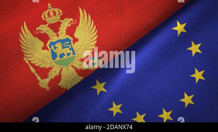 Montenegro und der Europäischen Union zwei Flaggen Textiltuch, Stoff Textur Stockfoto